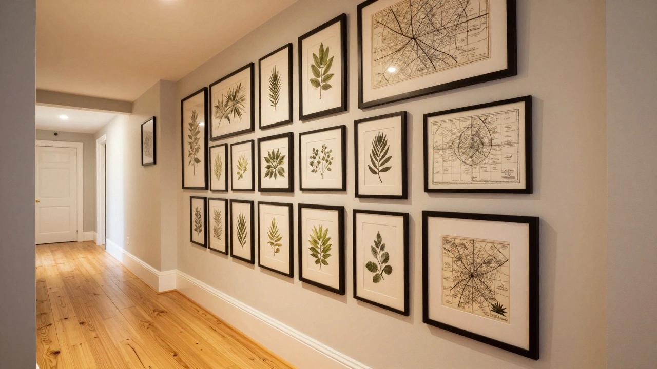 Cohesive gallery wall with uniform frames in a warm hallway