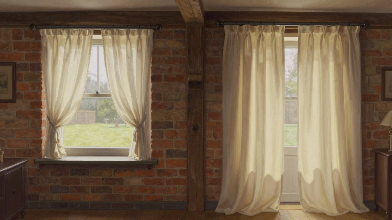 Comparison of short cheap curtains versus long elegant drapes in a cottage interior.