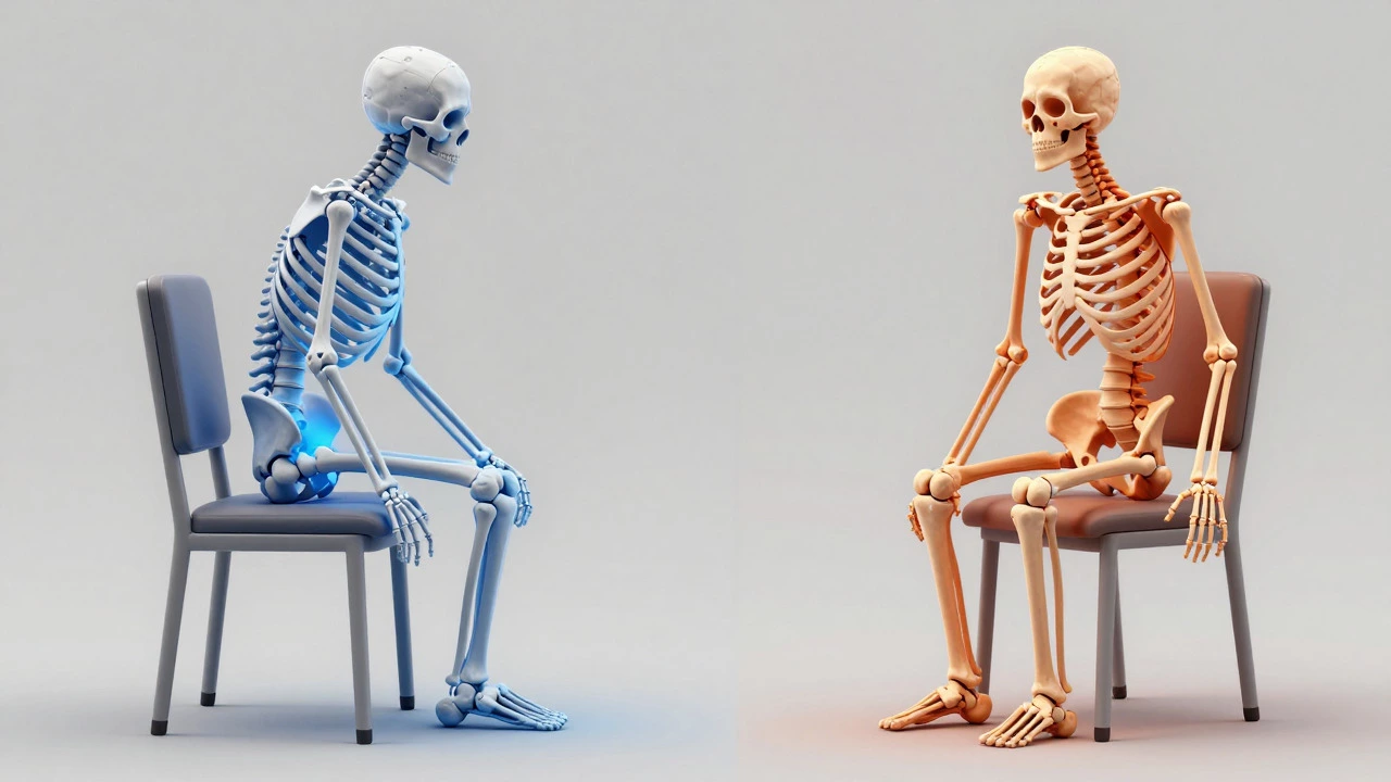 Diagram comparing spinal strain from sitting too low vs too high