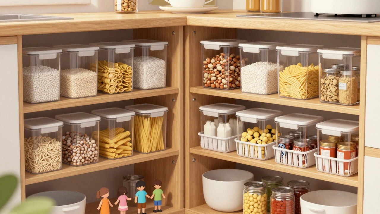 Efficiently stocked kitchen pantry with pull-out baskets