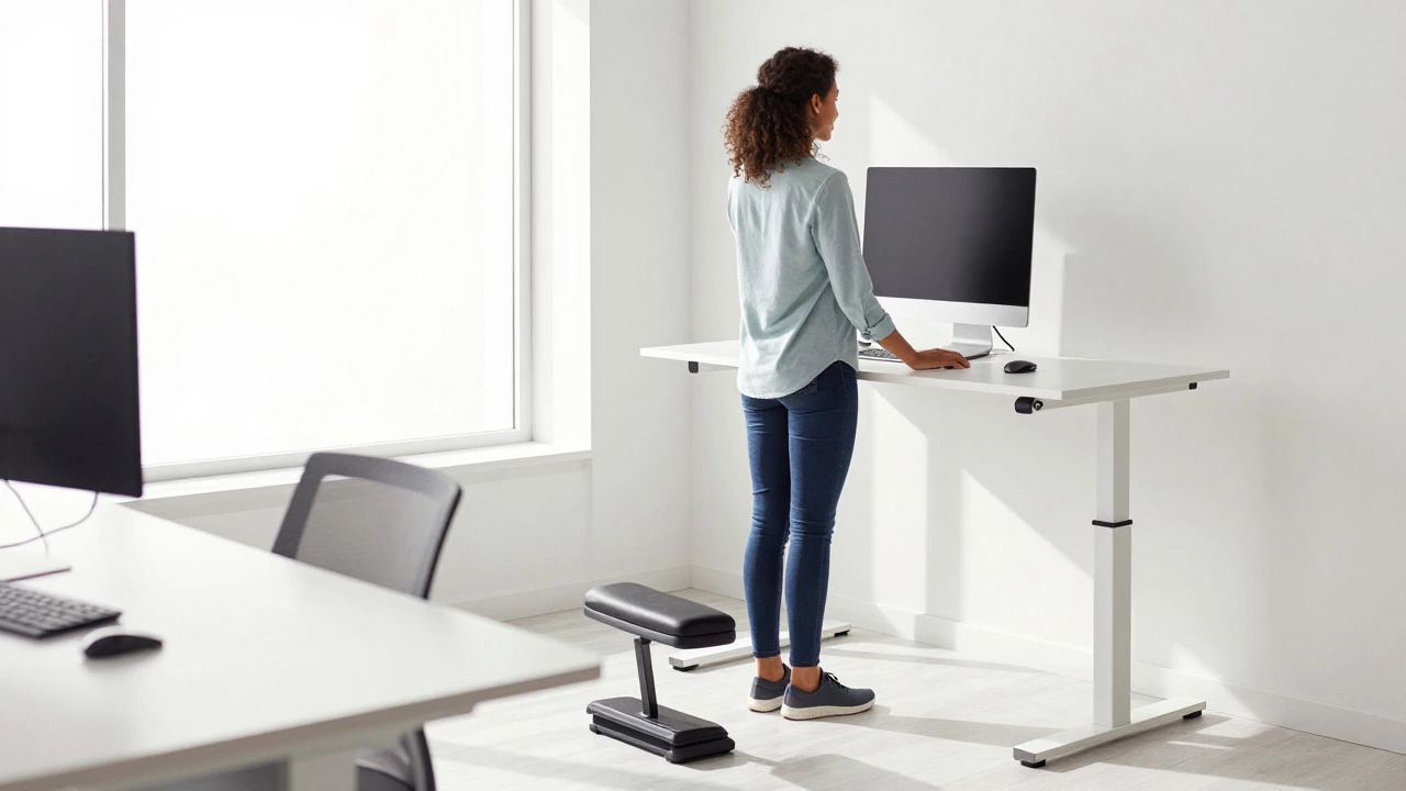Ergonomic workspace with sit-stand desk and footrest for dynamic sitting