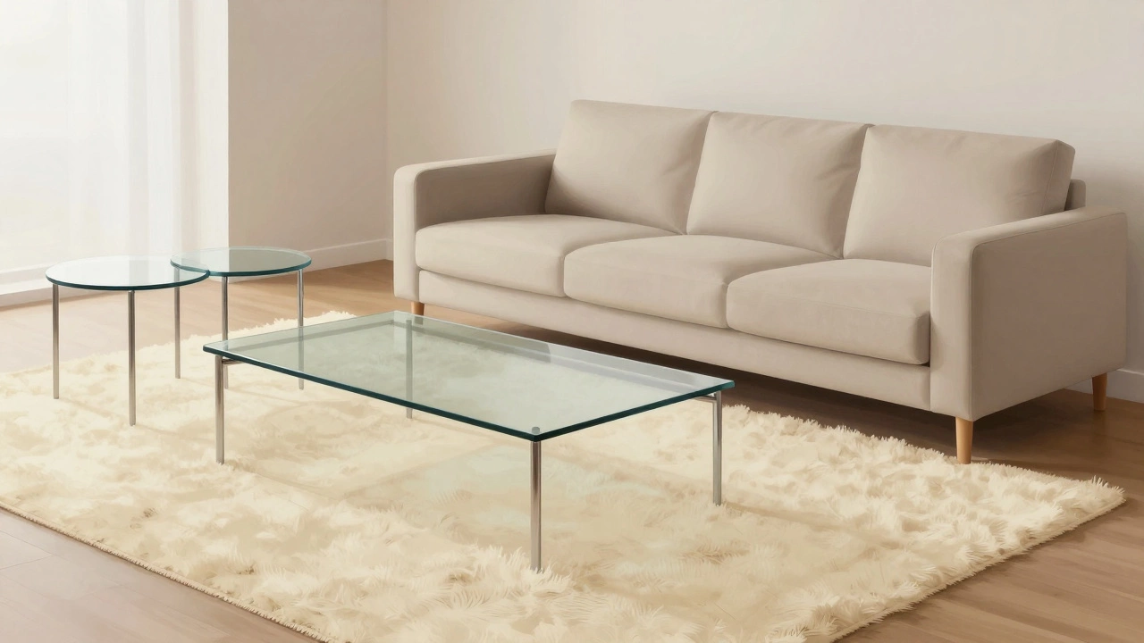 Glass coffee table on plush rug next to low sofa for airy visual balance