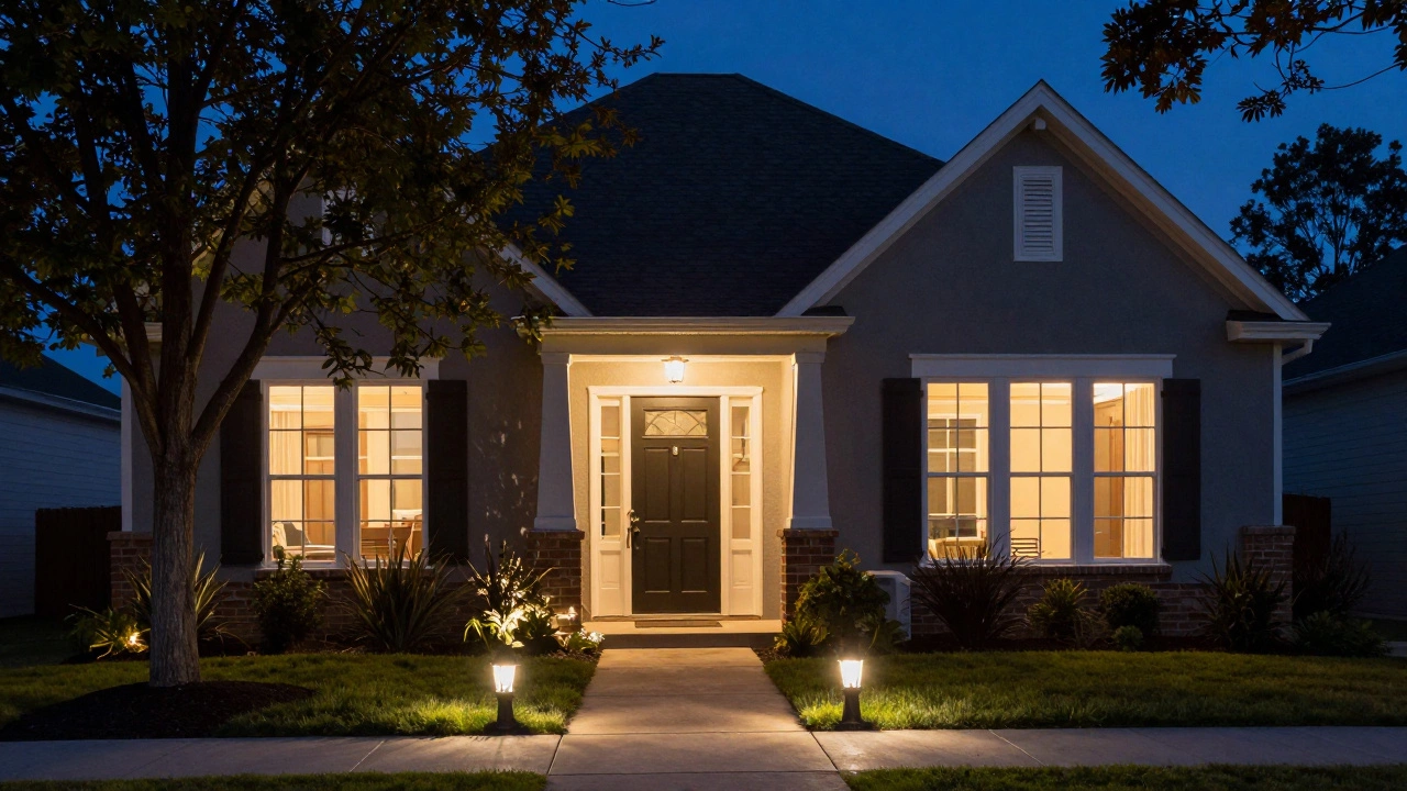 Home exterior at dusk with welcoming porch and pathway lights