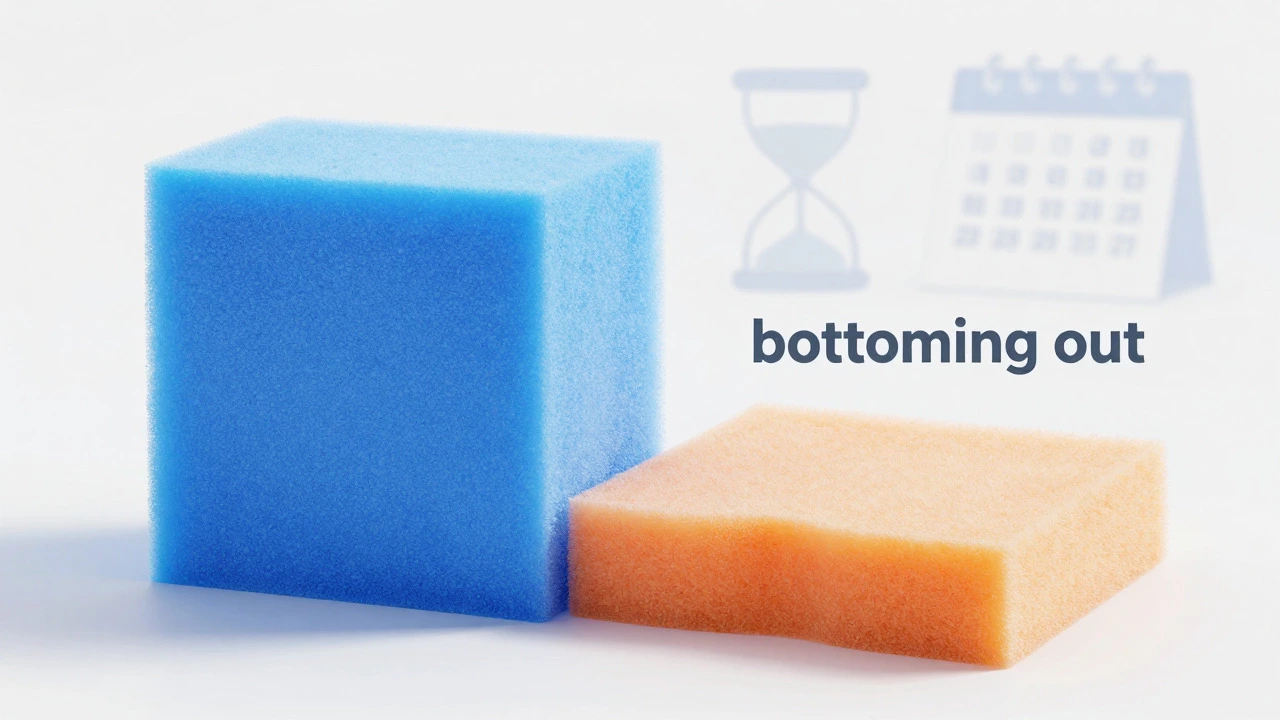 Illustration of high-density foam staying firm while low-density foam sags