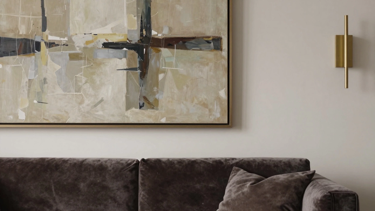 Large statement art above a sofa with proper spacing and lighting