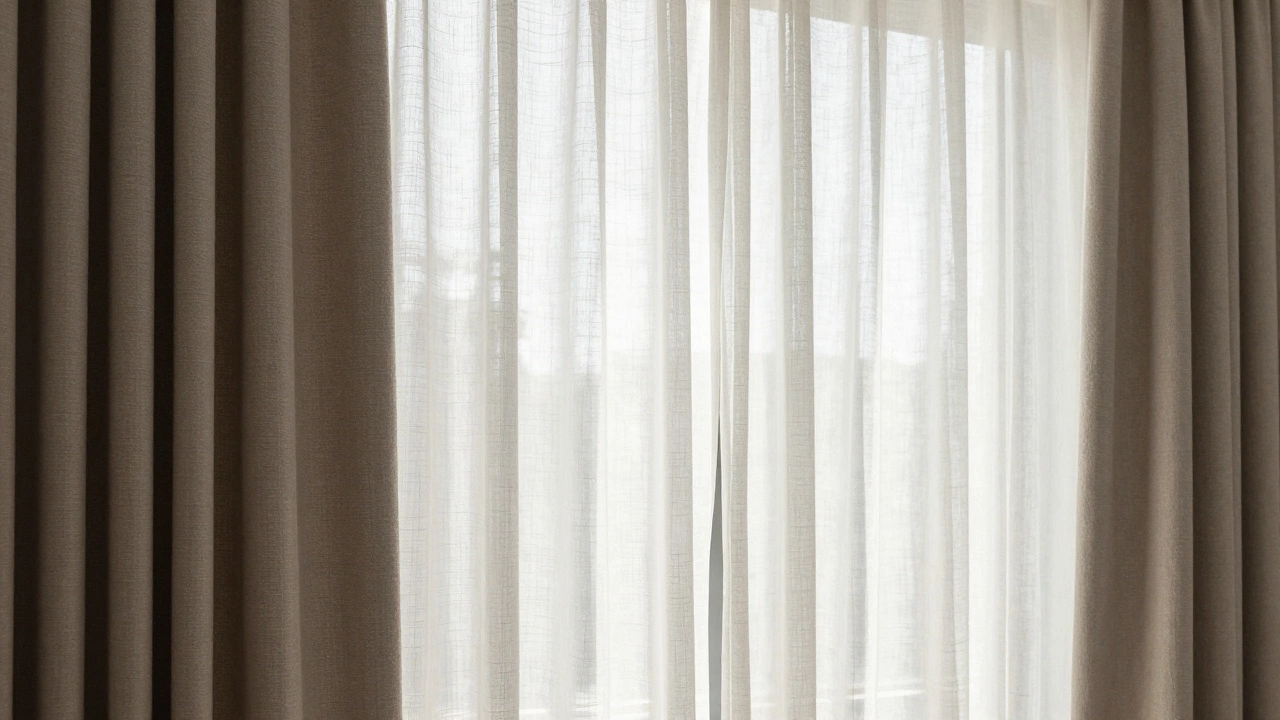 Layered sheer white and taupe curtains diffusing natural light
