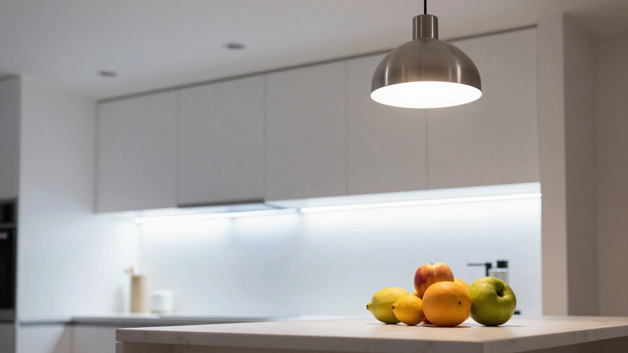 Modern kitchen with under-cabinet LED task lighting and pendant