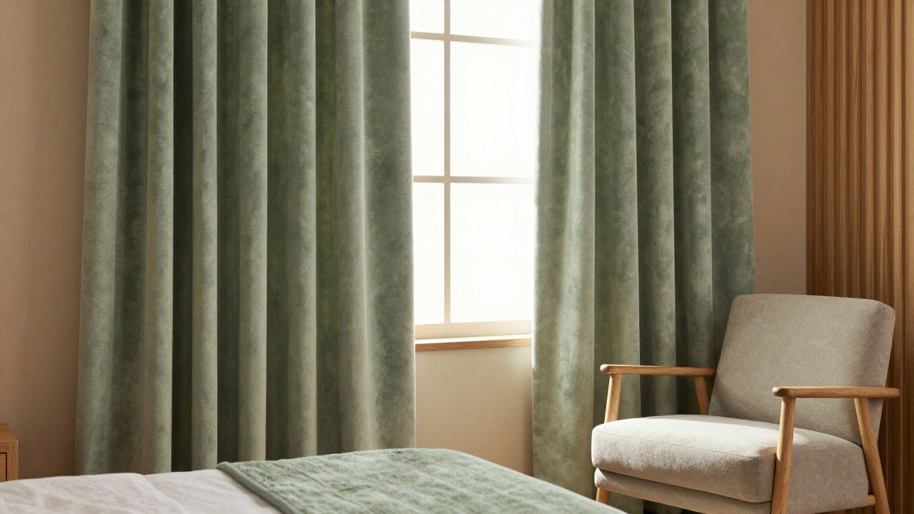 Muted sage green velvet curtains in a cozy, spa-like bedroom