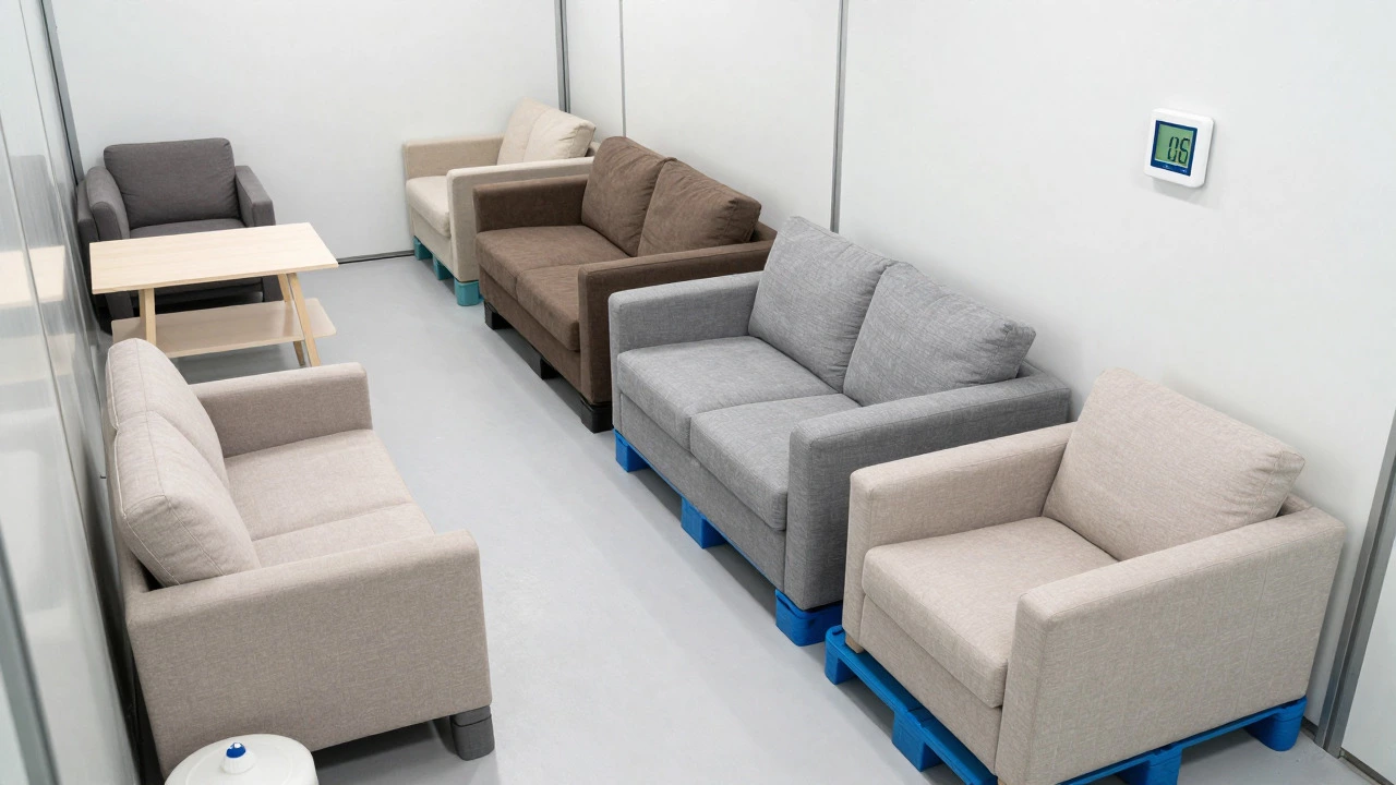 Organized storage unit with furniture on pallets and air gaps