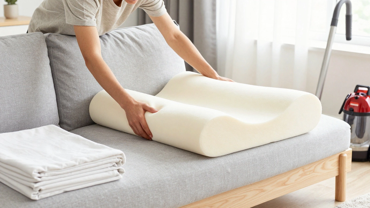 Person adding a thick foam topper and bolster pillow to fix a sofa bed