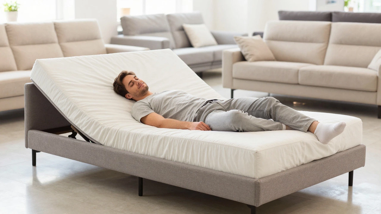 Person testing comfort by lying on an extended sofa bed in a showroom