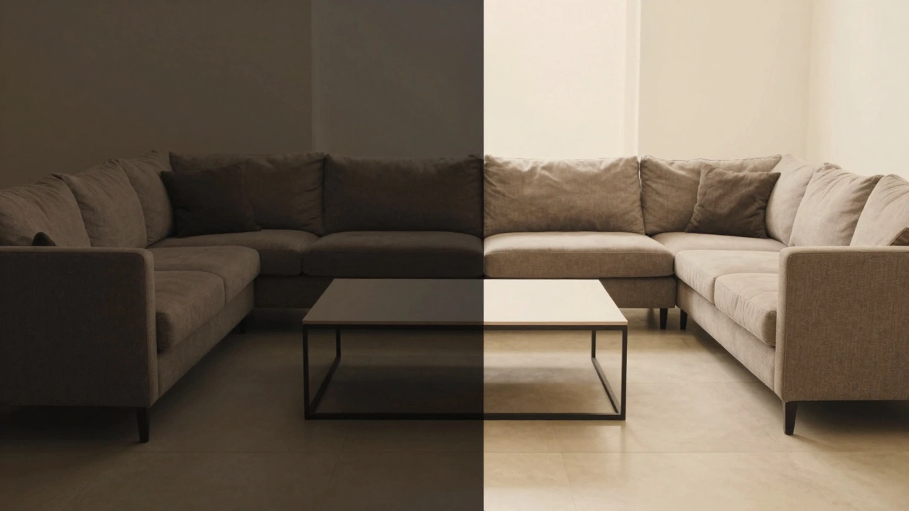 Split view comparing cramped vs spacious couch and coffee table spacing
