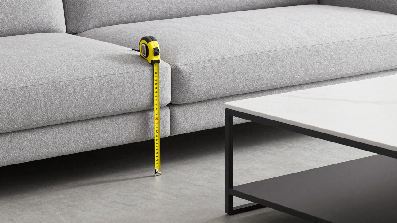 Tape measure showing sofa seat height aligned with coffee table height