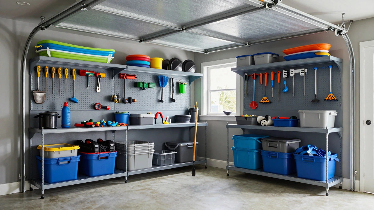 Tidy garage with wall-mounted tool storage systems