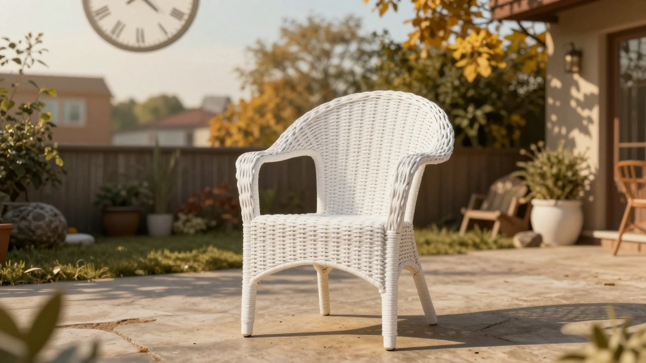 A white resin wicker chair in a sunny garden symbolizing long-term durability and comfort.