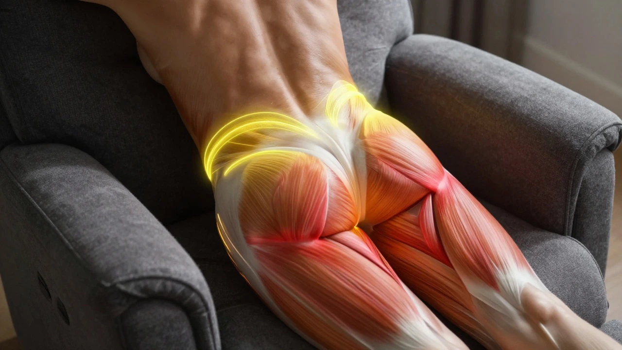 Close-up of a person's back in a recliner with glowing overlays showing muscle tension