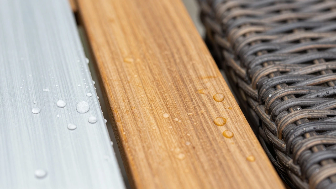Close-up of water beading on aluminum, teak, and wicker surfaces