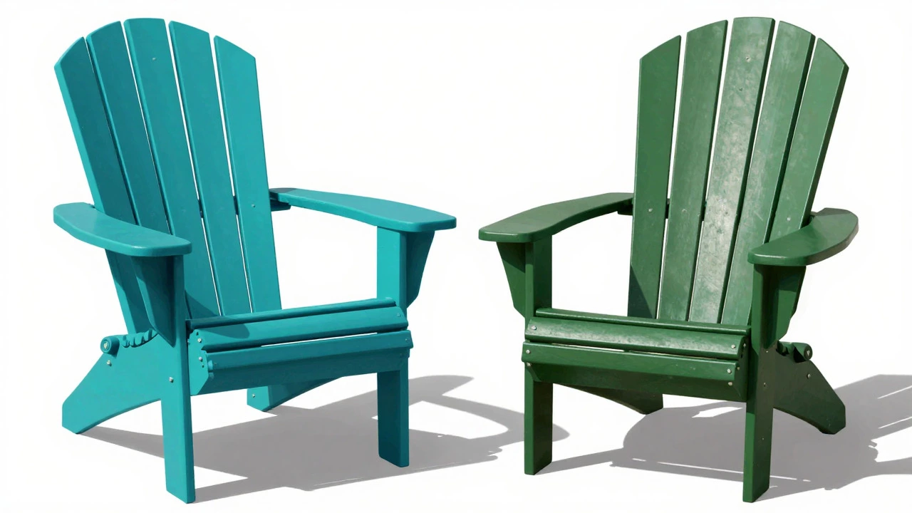 Comparison of a modern teal chair and a rustic green Adirondack chair under bright sunlight.