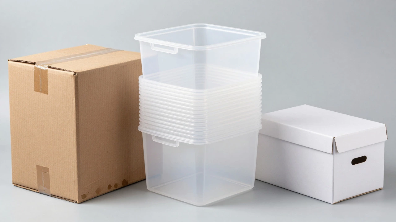 Comparison of damaged cardboard, plastic bin, and archival box