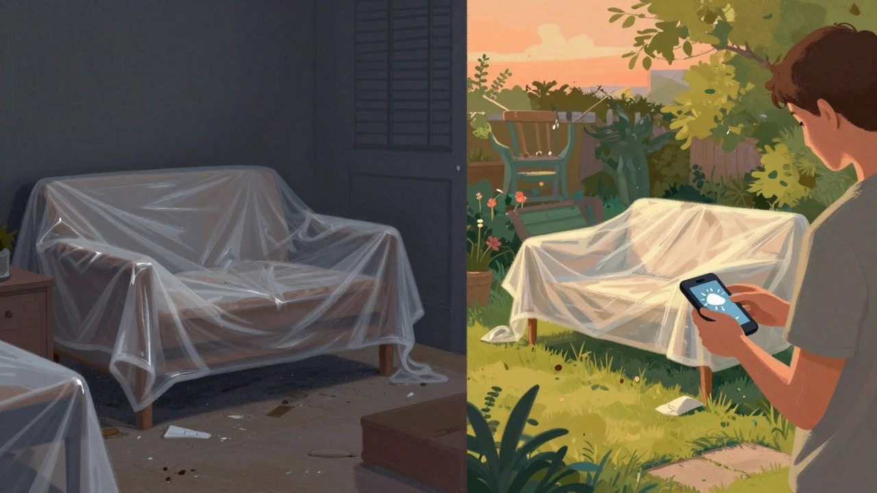 Conceptual art comparing suffocating plastic covers versus open, sun-dried furniture