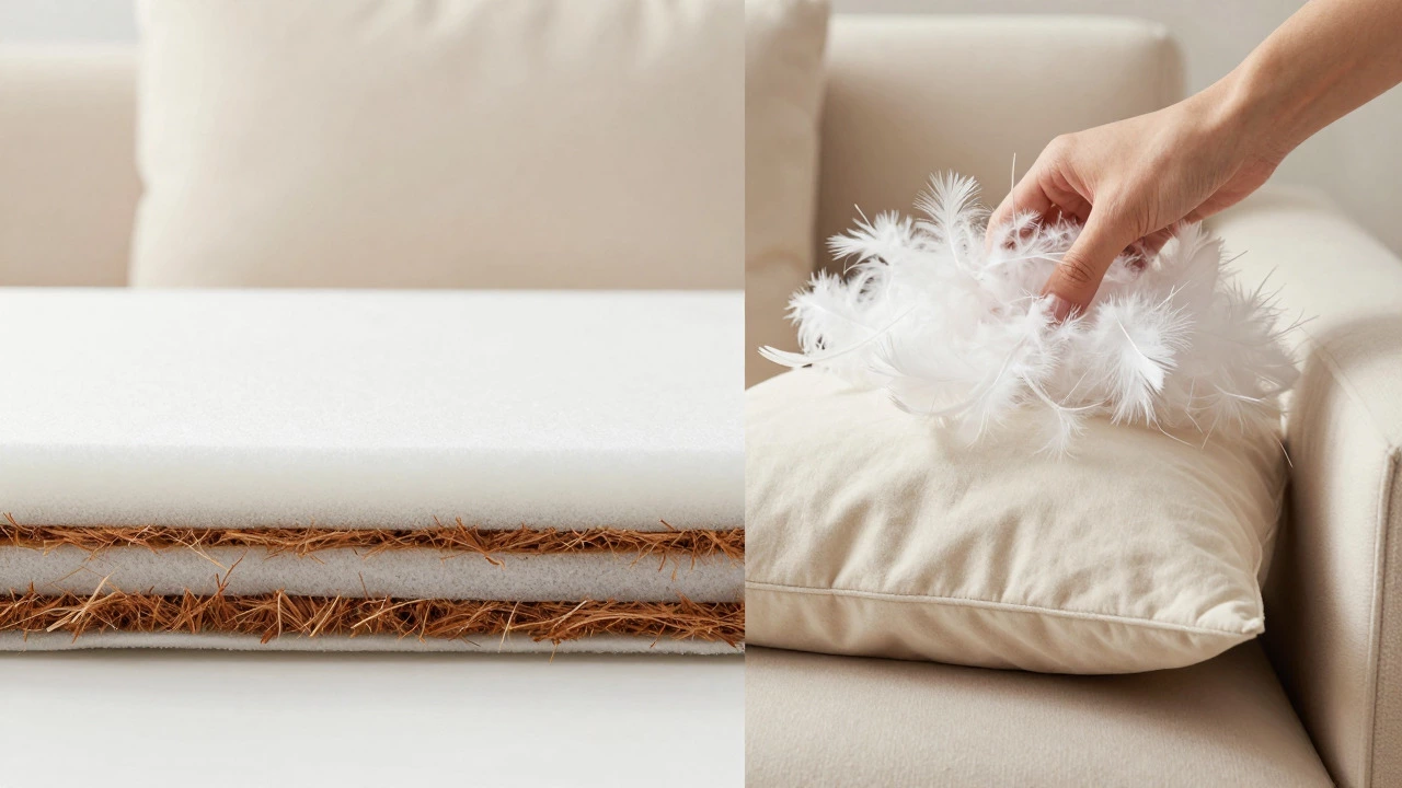 Cross-section of foam cushion next to a fluffy down-filled pillow