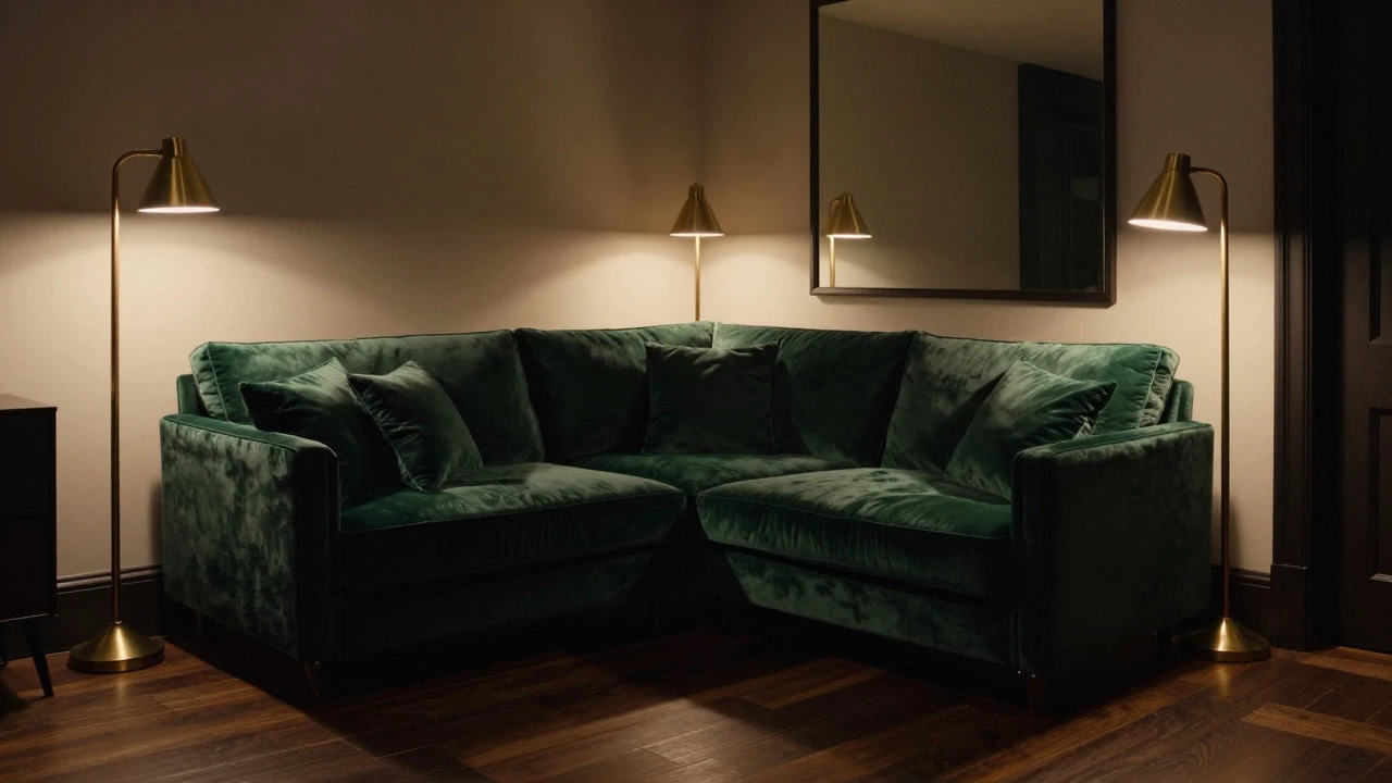 Deep emerald green velvet sectional sofa in a moody, warmly lit living room