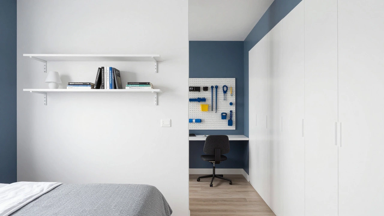 Floating shelves and pegboards maximizing vertical wall storage space