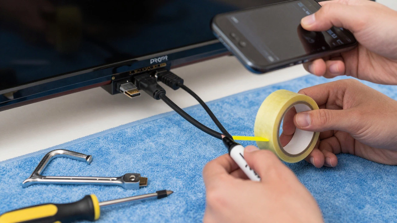 Hands labeling TV cables and preparing tools for dismounting