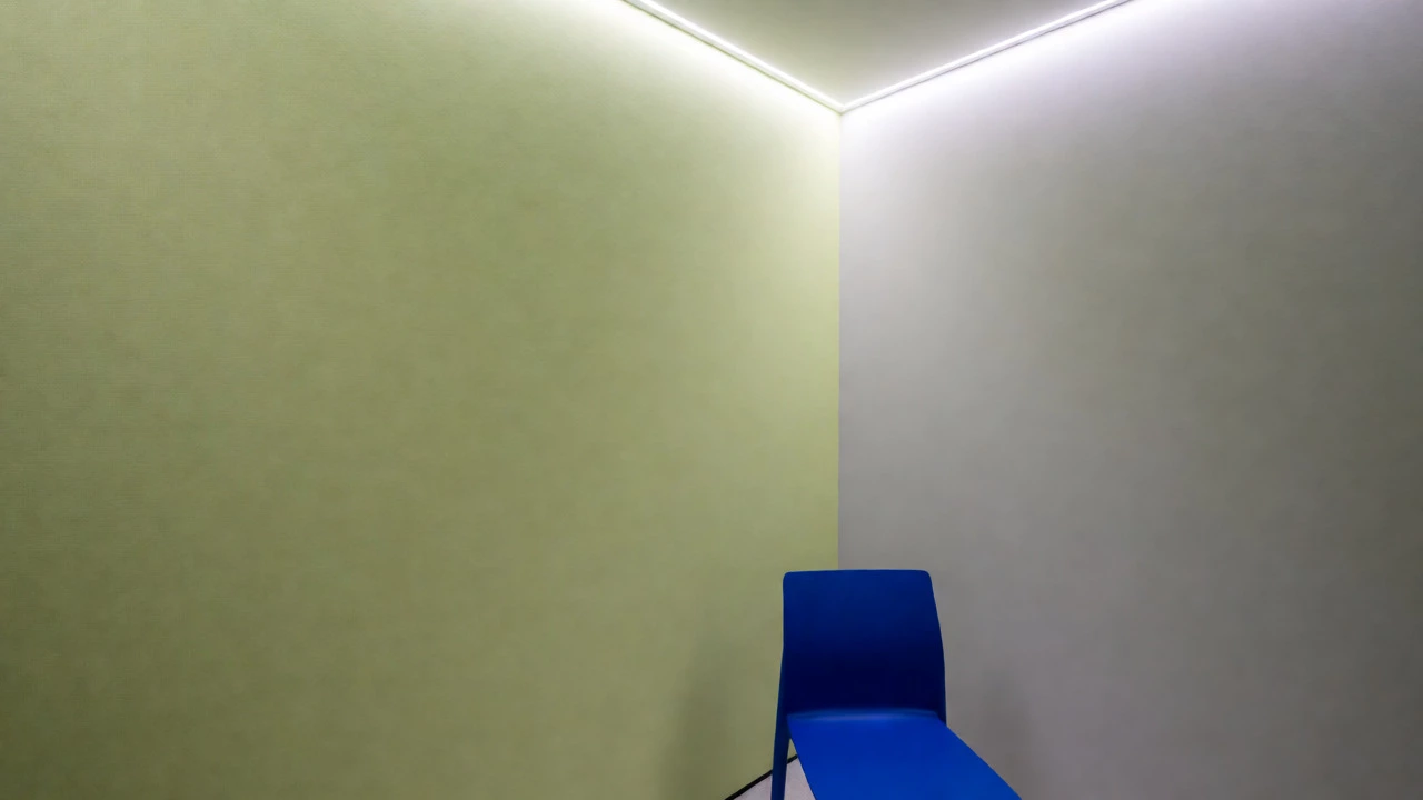 Home office with lime green textured walls and an electric blue accent chair