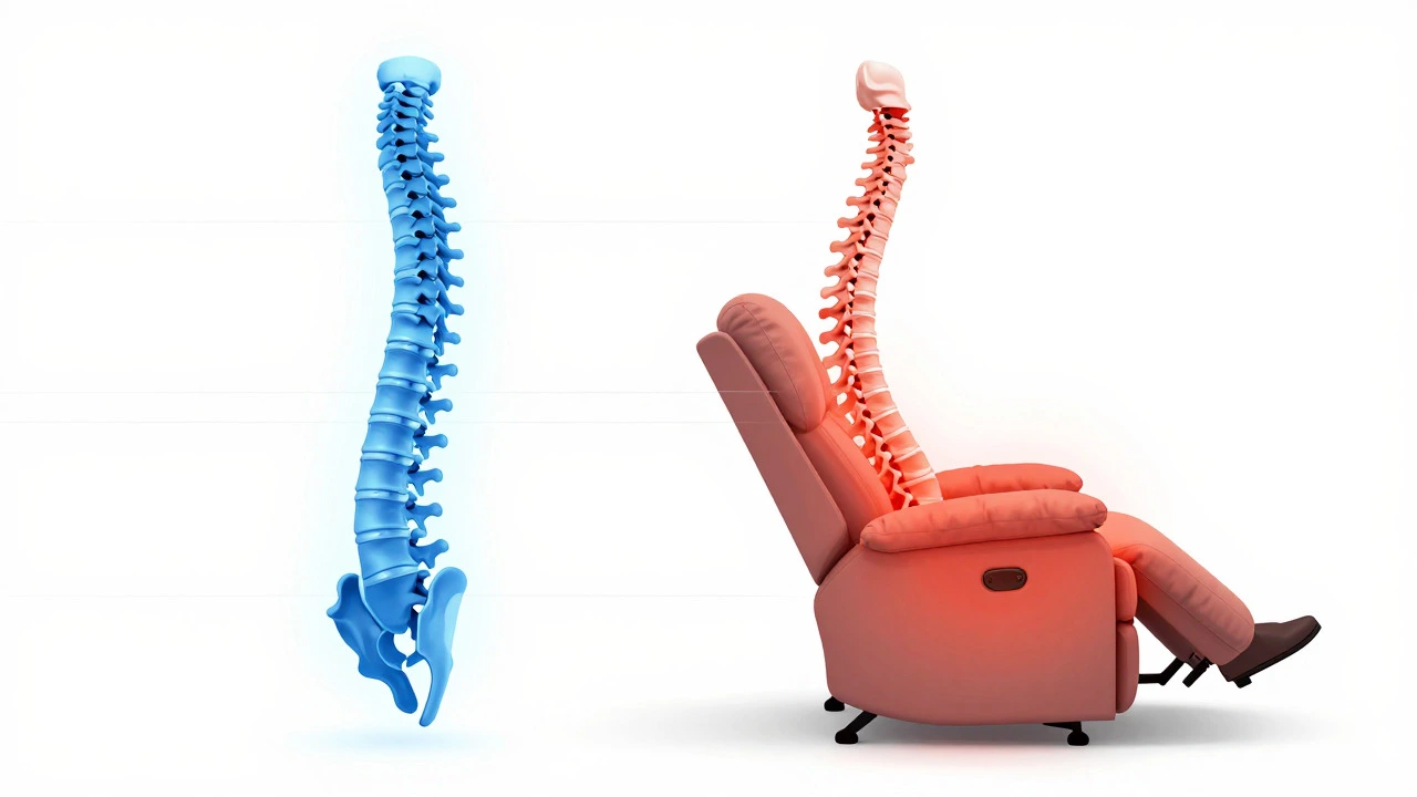 Illustration comparing spinal alignment in a bed versus a recliner chair