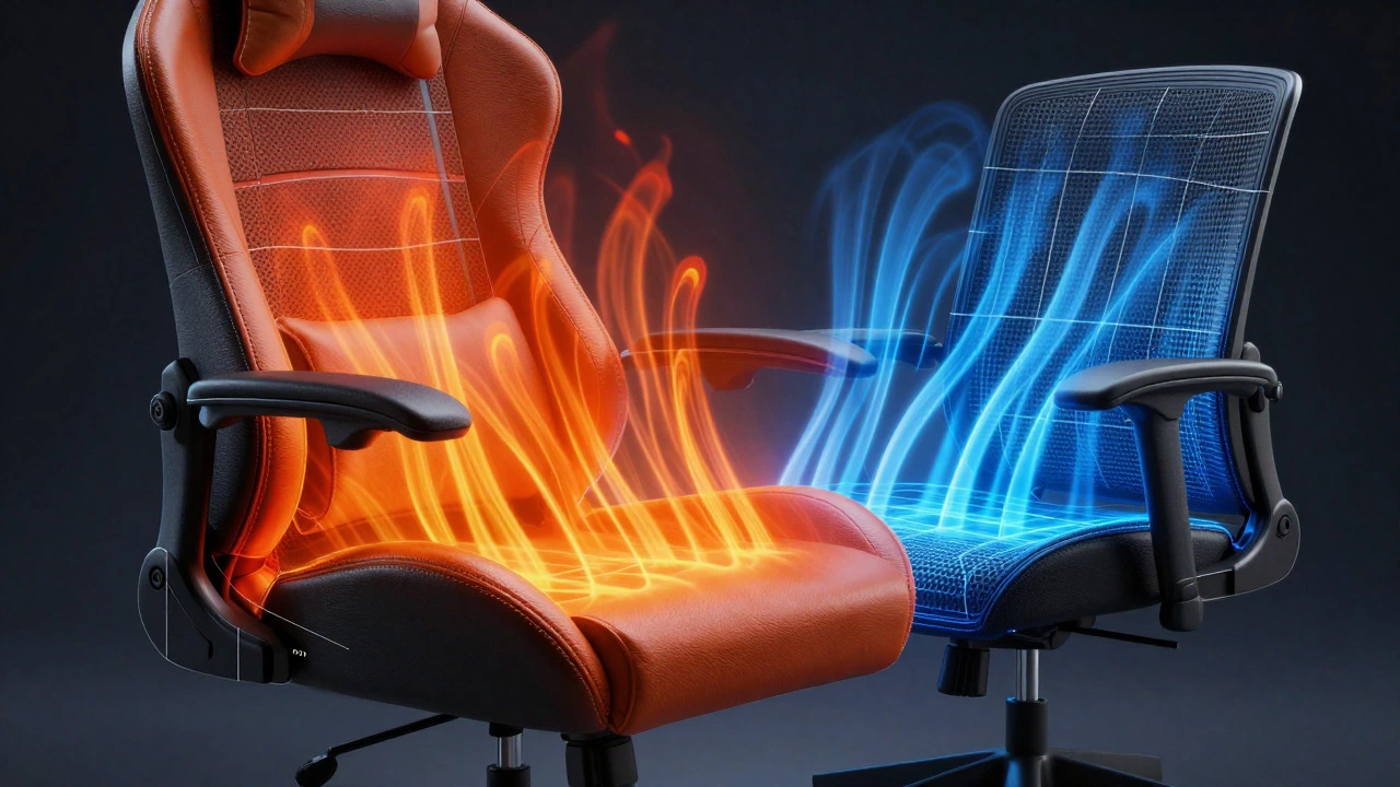 Illustration showing heat buildup on leather seats versus airflow through mesh fabric