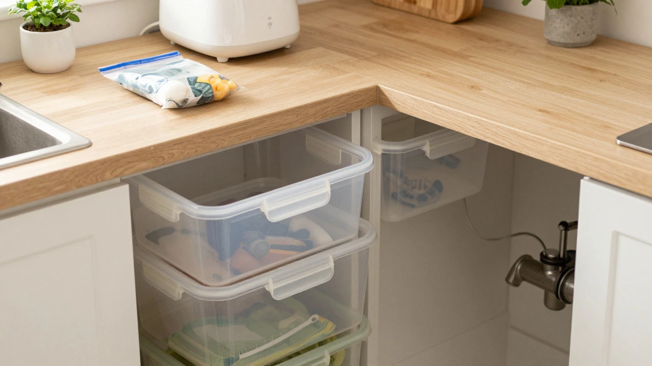 Labeled clear bins organized neatly under a kitchen sink