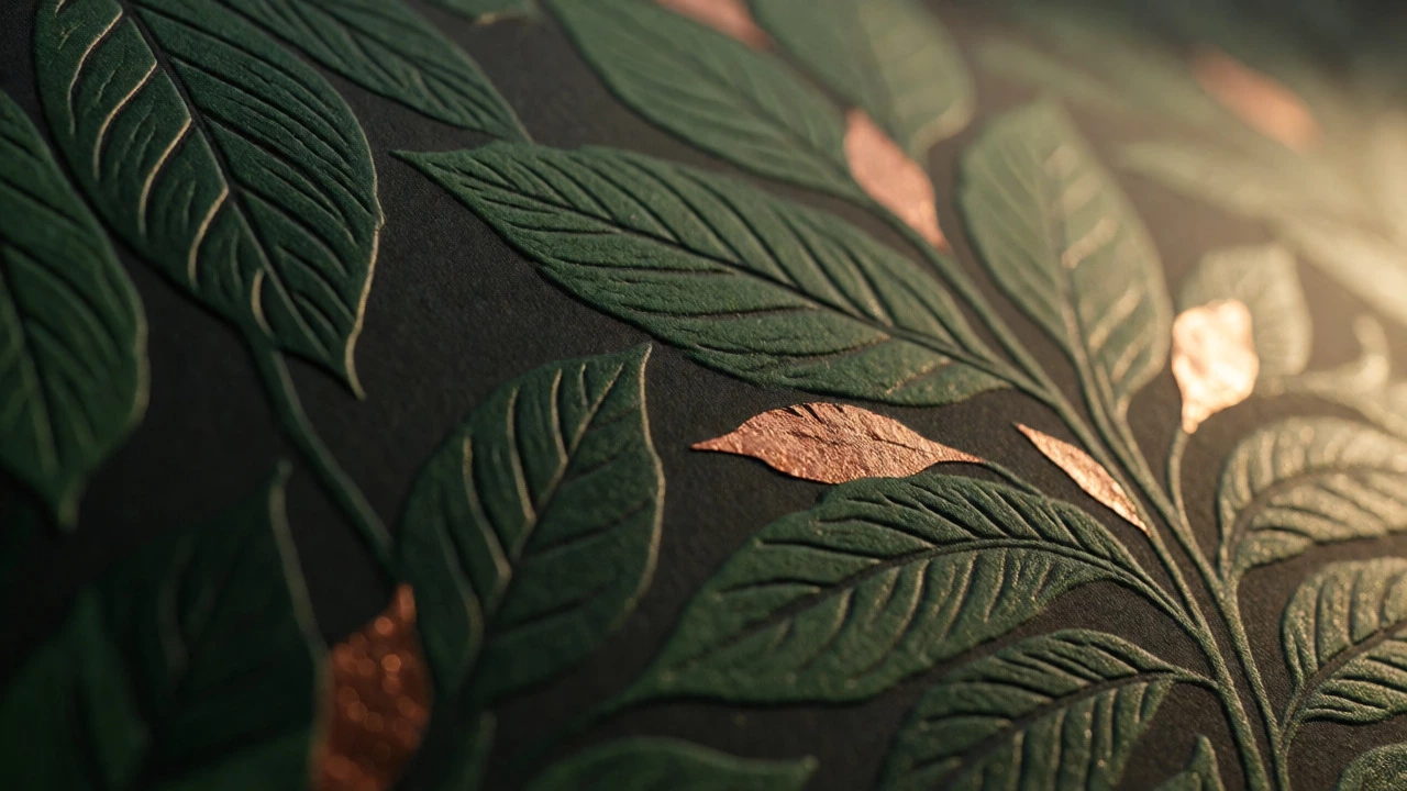 Macro shot of green botanical wallpaper with copper foil details catching sunlight