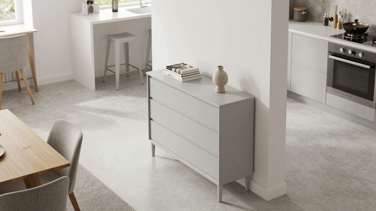 Narrow dresser acting as a room divider in an open-plan space
