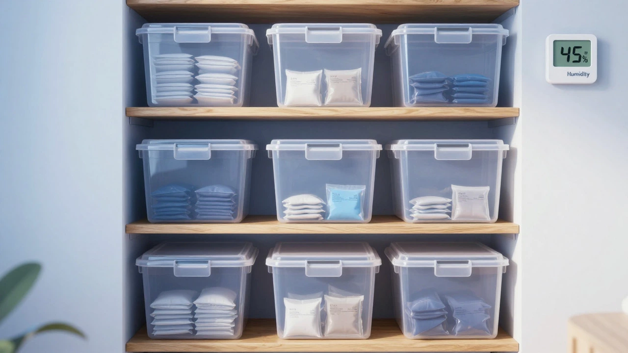 Organized closet with sealed bins and humidity control devices