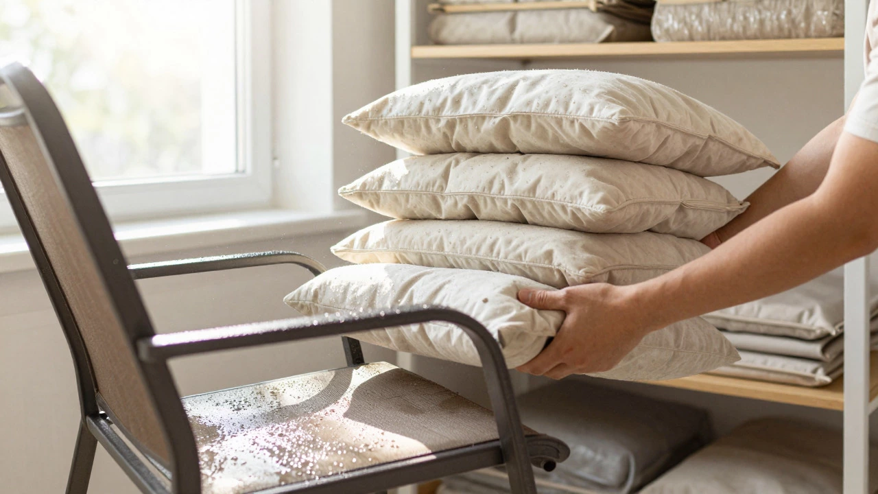 Person storing outdoor cushions indoors to protect from rain