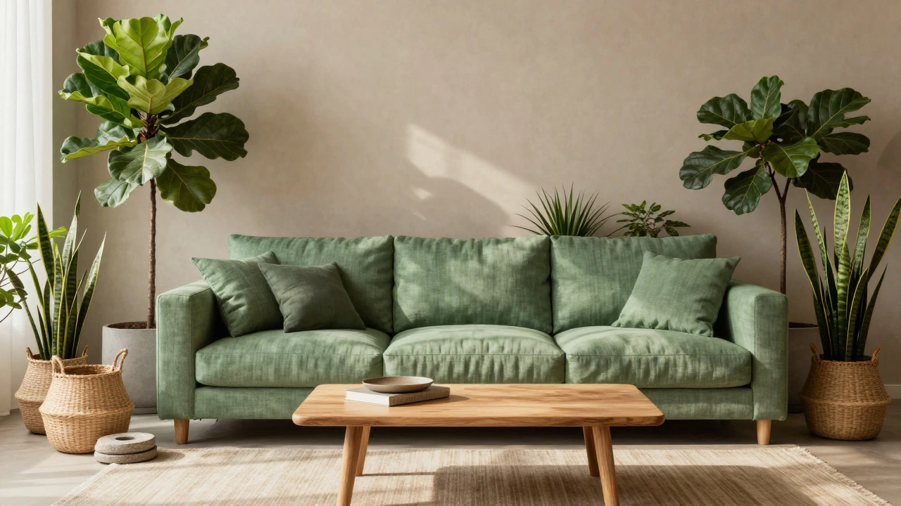 Sage green linen corner sofa surrounded by plants in a biophilic living space