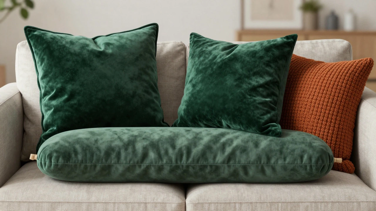 Stylish arrangement of colorful throw and lumbar pillows on a couch