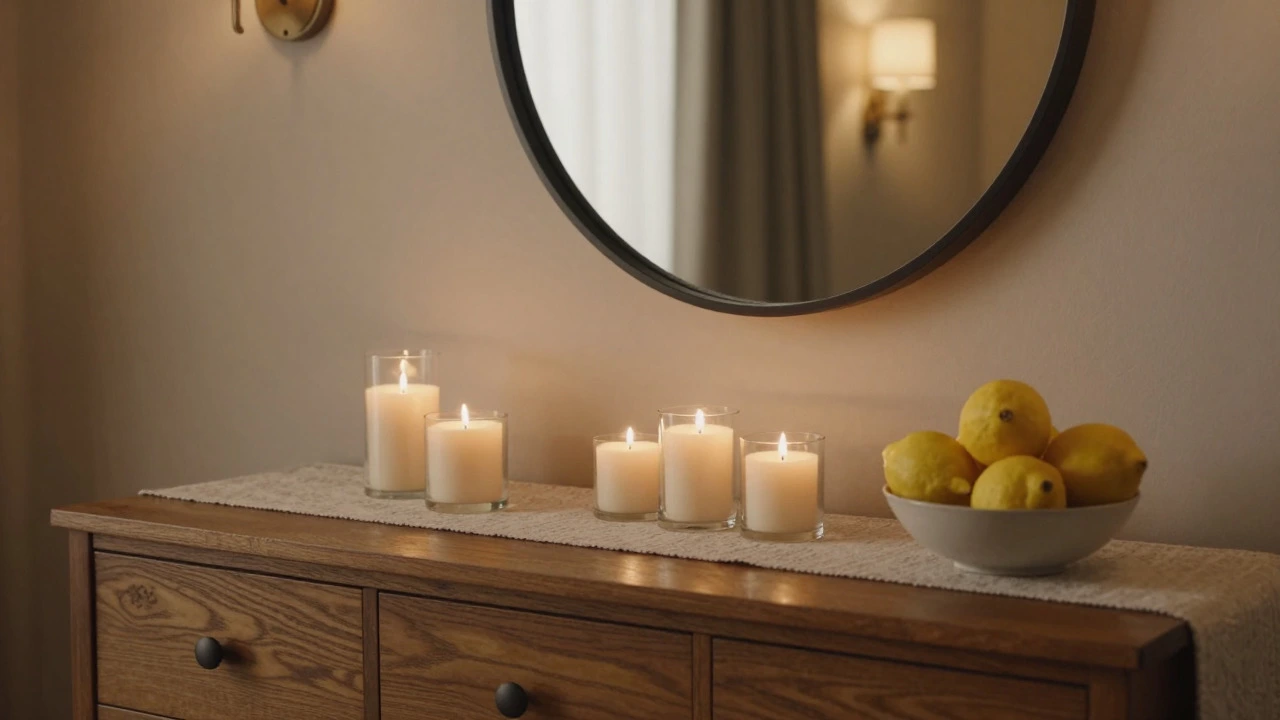 Stylish dresser top with mirror, candles, and decorative items