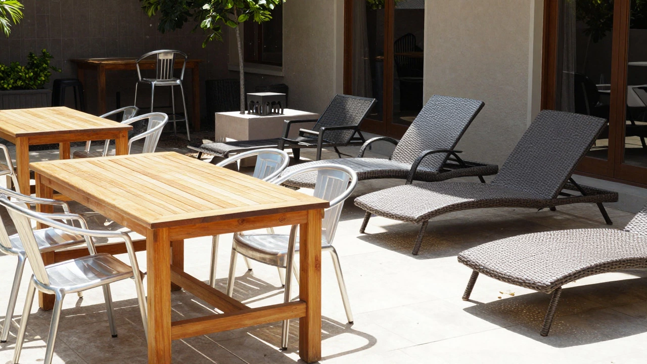 Sunlit patio with mixed material furniture drying naturally in clear weather