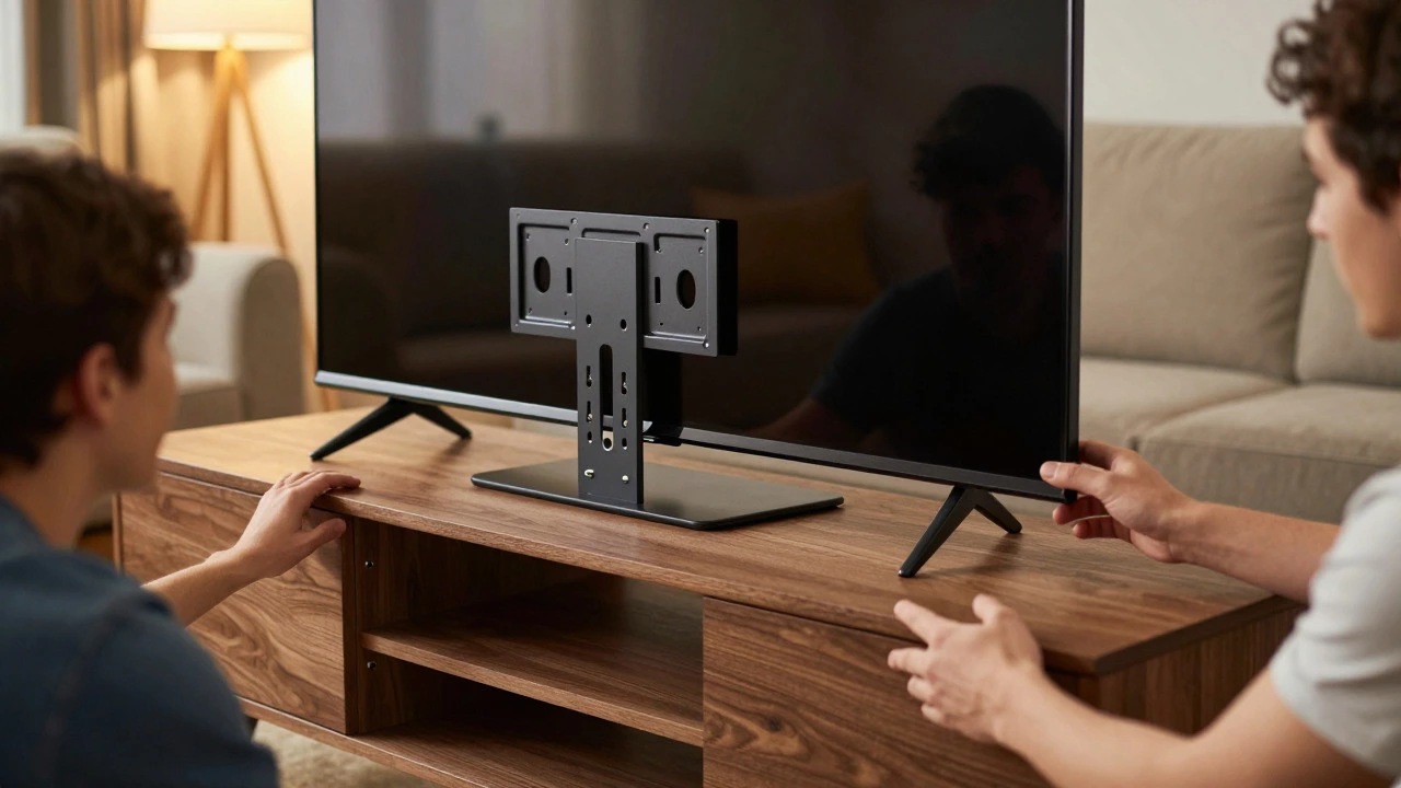 Two people carefully placing a TV onto its new stand base