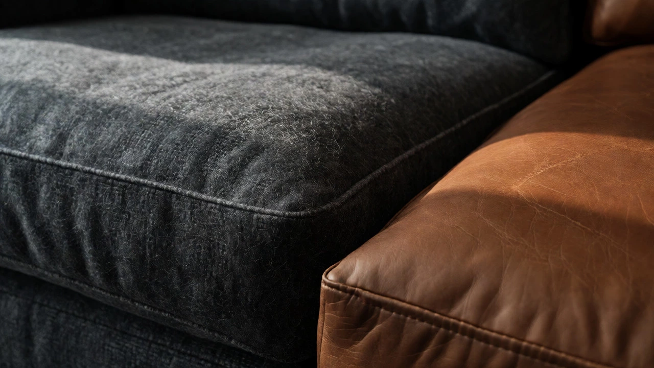 Close-up of charcoal wool sofa and cognac leather ottoman textures