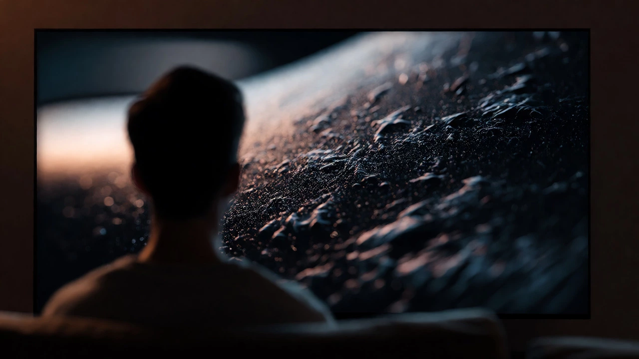 Close-up of detailed 4K TV screen glowing in a dimly lit room