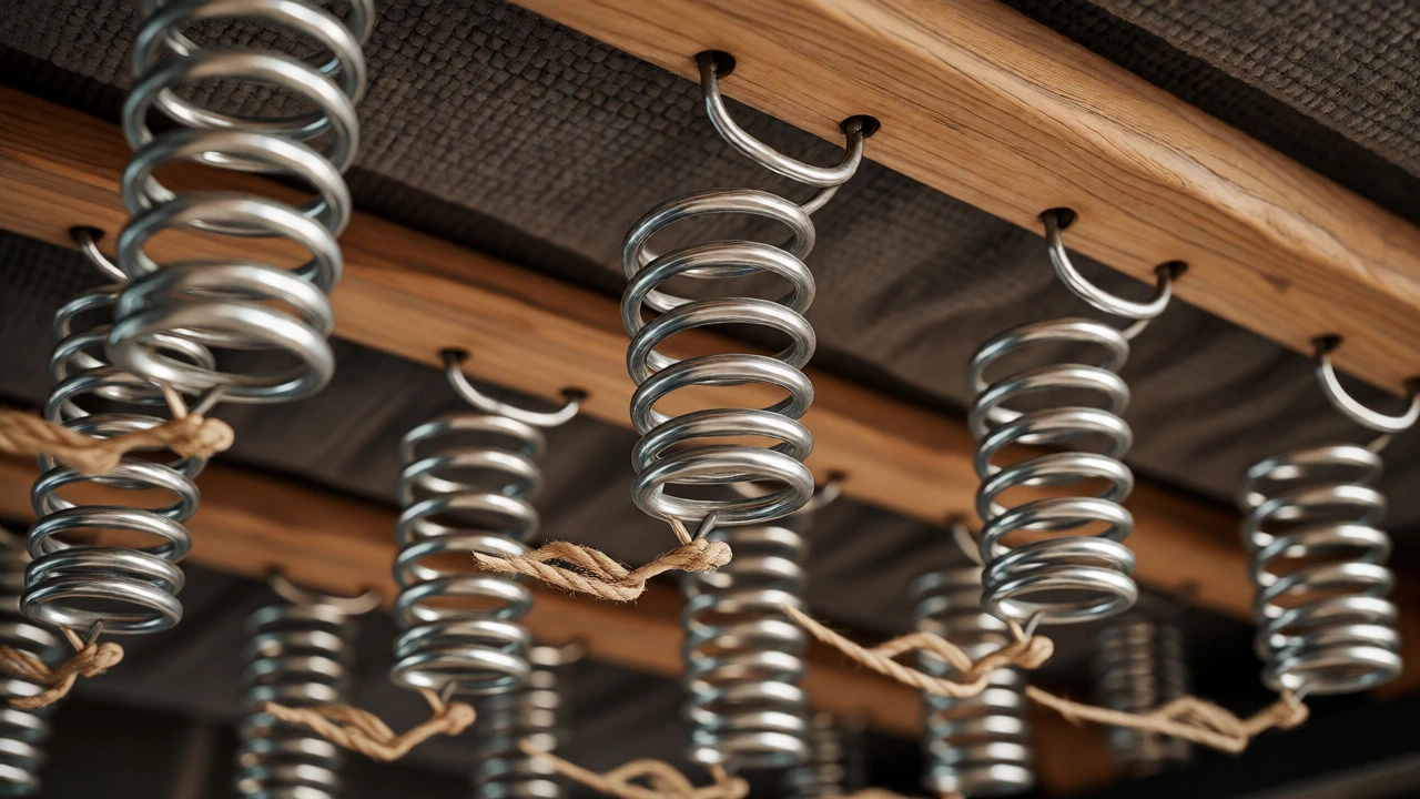 Close-up of eight-way hand-tied spring suspension system inside a couch.