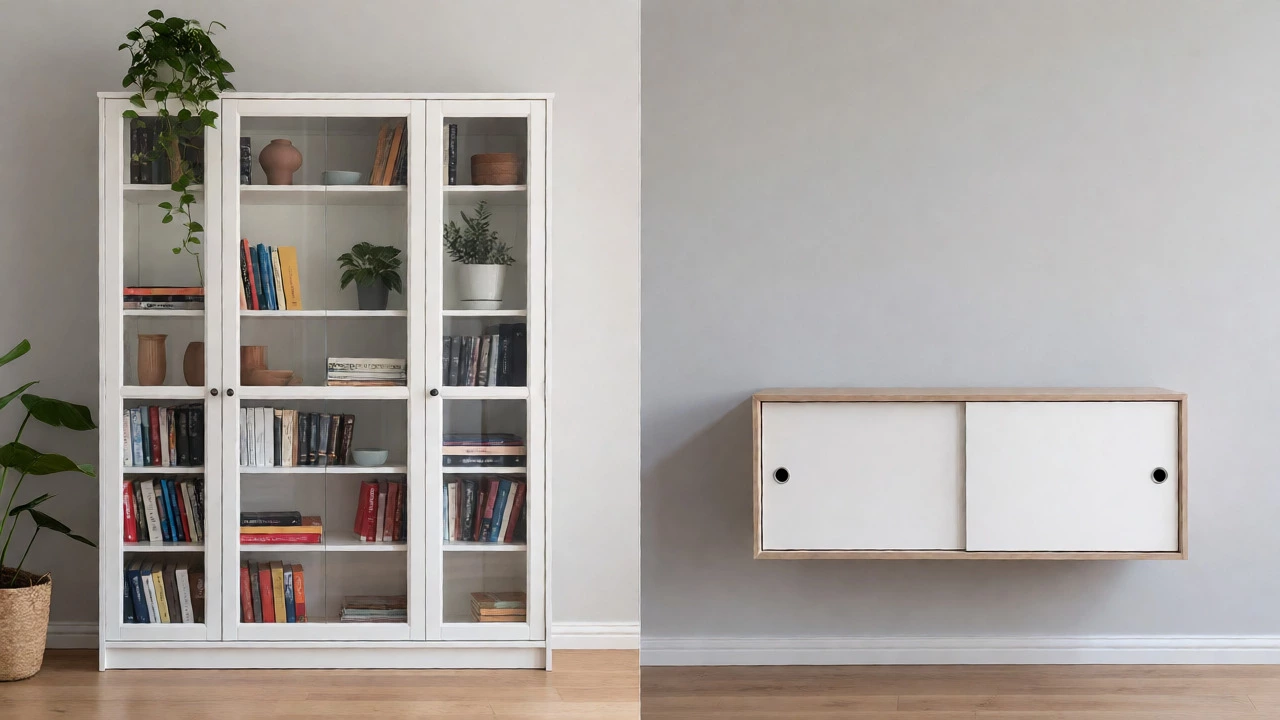 Comparison of a freestanding Billy bookcase and a wall-mounted BESTÅ unit in a living room.