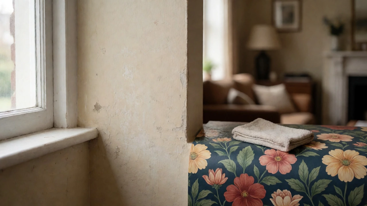 Comparison of worn paint versus durable, clean wallpaper surfaces.