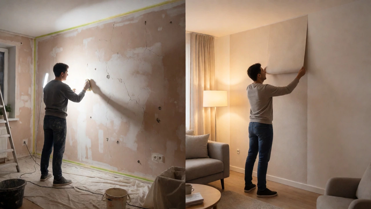 Contrast between messy paint prep and smooth wallpaper application.