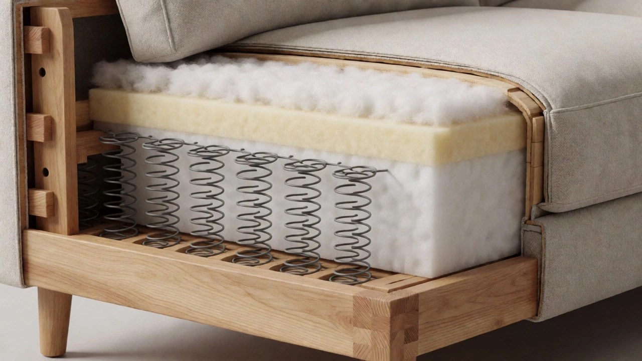 Cross-section view of a sofa revealing hardwood frame and high-density foam