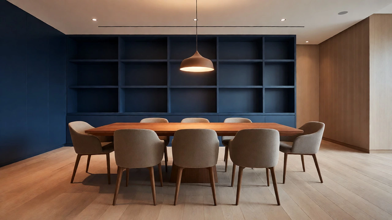 Dining room with taupe chairs, cherry wood table, and navy shelves