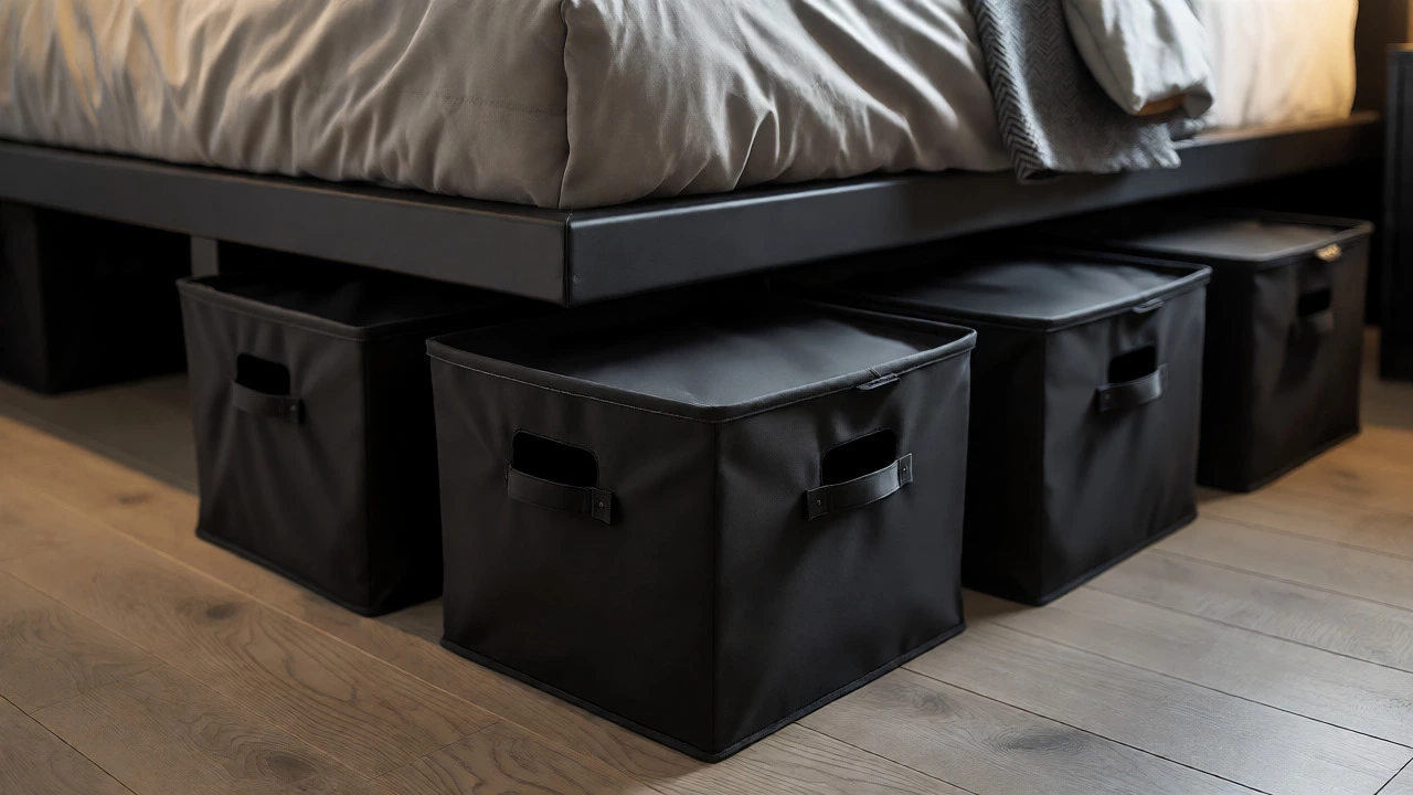 Fabric-covered storage bins tucked neatly under a raised bed frame